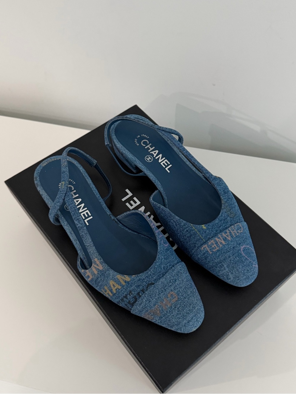 Chanel Denim Slingback Flats with Multicolor Logo Embroidery